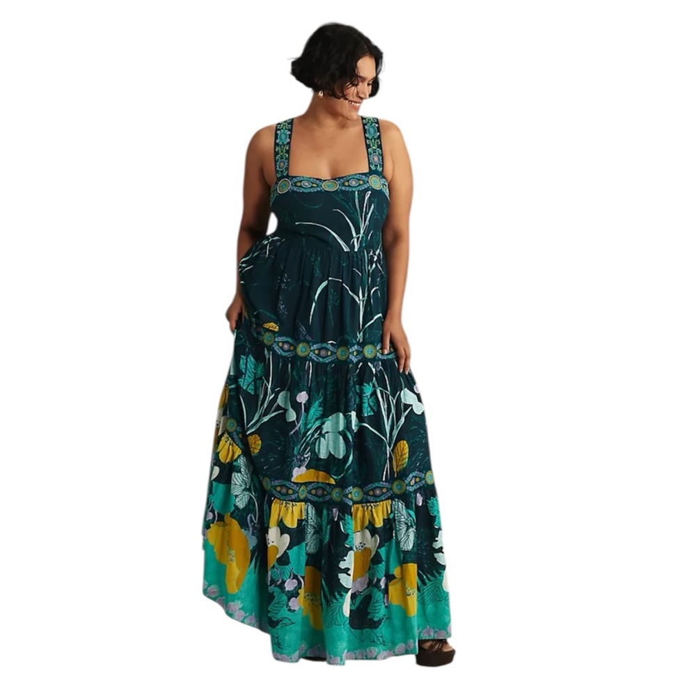 Anthropologie Teal Beaded Maxi Dress